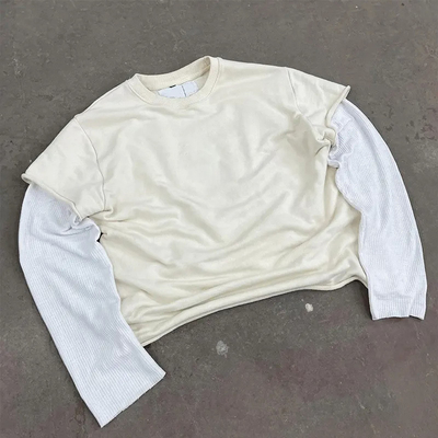 MeiYue Distressed Screen Print T-shirt Vintage Cotton Ripped Double Layer Long Waffle Sleeve Oversized Acid Wash T Shirt for Men