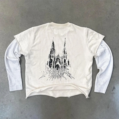 MeiYue Distressed Screen Print T-shirt Vintage Cotton Ripped Double Layer Long Waffle Sleeve Oversized Acid Wash T Shirt for Men
