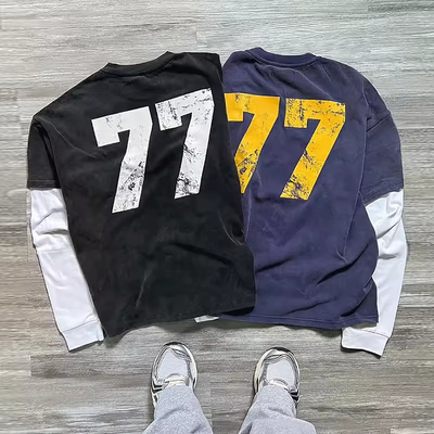 Custom Double Layer Long Sleeve Tshirt Print Logo Graphic Tee Acid Wash Sun Faded Heavy Cotton OverSized Boxy T Shirts for Men