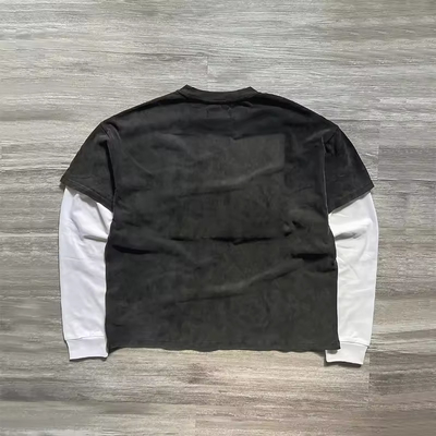 Custom Double Layer Long Sleeve Tshirt Print Logo Graphic Tee Acid Wash Sun Faded Heavy Cotton OverSized Boxy T Shirts for Men