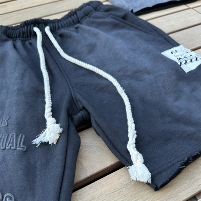2024 High Quantity Fashion Causal Jogger Sweat Short 100 Cotton Puff Printing Logo Distress Label Mens Acid Washed Shorts