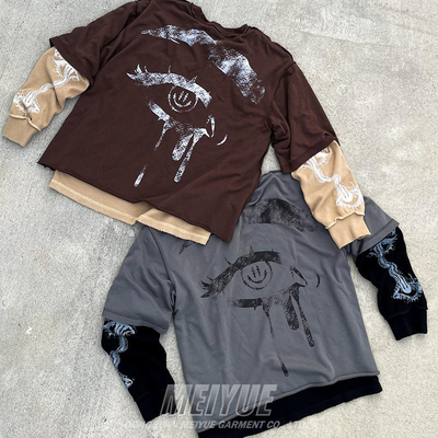Custom DTG Print Logo Double Layer Waffle Long Sleeve 100% Cotton Tshirt Streetwear Men Oversized Sweatshirt T Shirt for Men
