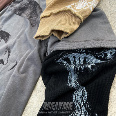 Custom DTG Print Logo Double Layer Waffle Long Sleeve 100% Cotton Tshirt Streetwear Men Oversized Sweatshirt T Shirt for Men