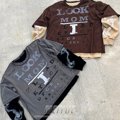 Custom DTG Print Logo Double Layer Waffle Long Sleeve 100% Cotton Tshirt Streetwear Men Oversized Sweatshirt T Shirt for Men