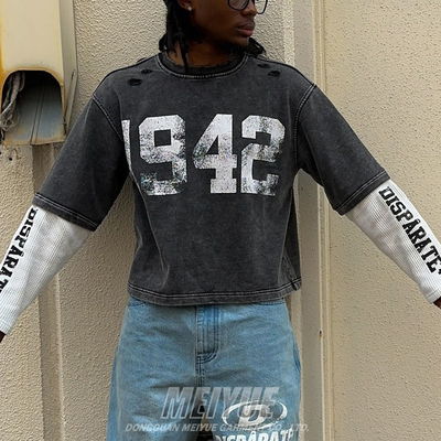 Custom Screen Print Logo Double Layer Waffle Long Sleeve Acid Wash Tshirt Distressed Men Vintage Sweatshirt T Shirt for Men