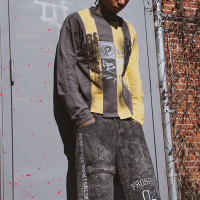 kaufen Großhandel Streetwear Patchwork Long Sleeve Shirt Farbe Block Screen Print T Shit Sweatshirt Tee Schnitt und Nähen Roh Hem Sweat Shirt Online-Herstellung