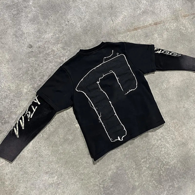 Applique Embroidery Screen Printed Boxy Long Sleeve T Shirt 250grams