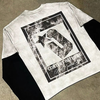 Cotton Ripped Screen Printing Long Sleeve Distressed Shirt Sun Faded Breathable