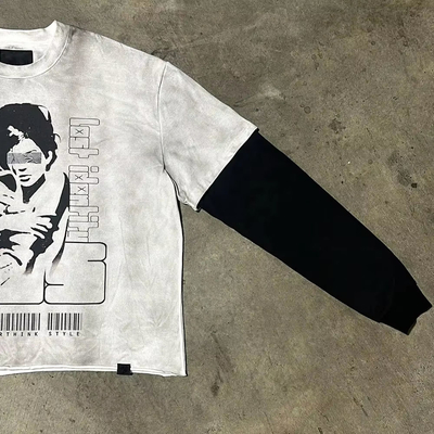 Cotton Ripped Screen Printing Long Sleeve Distressed Shirt Sun Faded Breathable