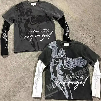 Streetwear Long Sleeve Tees Oversized Screen Print Patchwork Long Sleeve Shirt