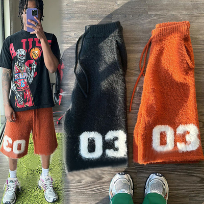 Custom Varsity Loose Knit Shorts Pants Below Knee Bermuda Fuzzy Screen Print Knitted Streetwear Fluffy Mohair Shorts for Men