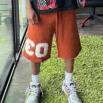 Custom Varsity Loose Knit Shorts Pants Below Knee Bermuda Fuzzy Screen Print Knitted Streetwear Fluffy Mohair Shorts for Men