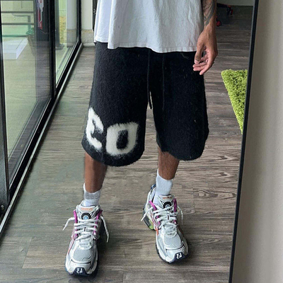 Custom Varsity Loose Knit Shorts Pants Below Knee Bermuda Fuzzy Screen Print Knitted Streetwear Fluffy Mohair Shorts for Men