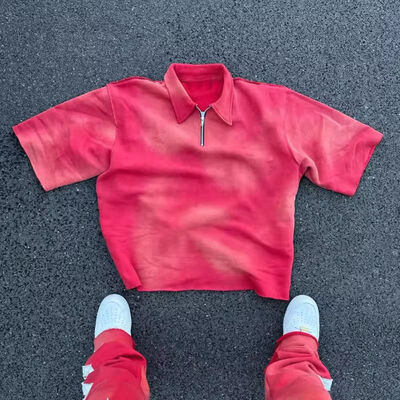 comprar Logotipo personalizado Vintage Pesos pesados Cor sólida Plus Tamanho Polo Zip Up Manga curta Ácido lavado ao sol Desbotado Camisa grande Fabricação em linha