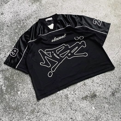 Custom Printing Polyester Oversized Vintage Boxy Retro Soccer Football Jersey V Neck Mesh Men'S T-Shirts Streetwear Summer