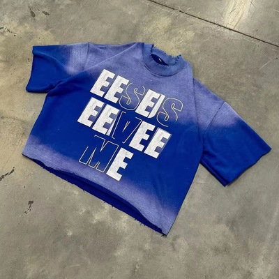 Custom Drop Shoulder Sun Faded Heavyweight Cotton Acid Washed Ripped Screen Print Vintage Hip Hop Boxy Fit t Shirt for Men