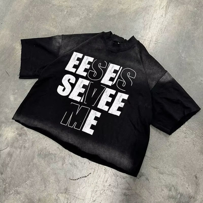 Custom Drop Shoulder Sun Faded Heavyweight Cotton Acid Washed Ripped Screen Print Vintage Hip Hop Boxy Fit t Shirt for Men