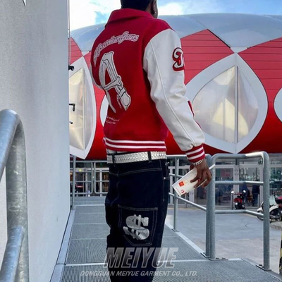 Custom Unisex Chenille Leather Sleeves Letter Embroidery Patch Men's Baseball Polar Fleece Varsity Jacket With Leather Sleeve