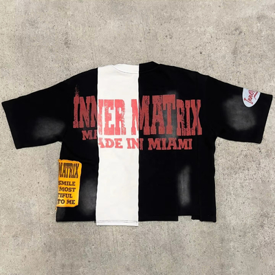 Clothing Manufacturer Streetwear Panel Color Custom Boxy Tee Acid Wash Sun Faded Vintage Hem Cut Sew Splicing T Shirt for Men