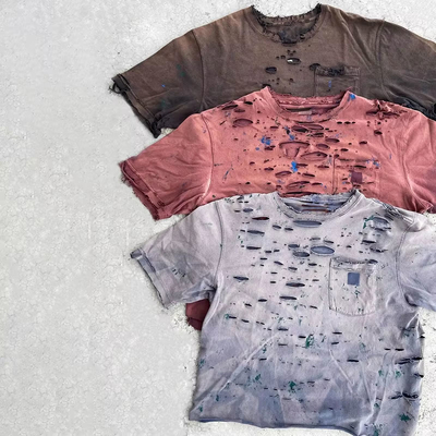 Oem Clothing Manufacturer Custom Vintage T Shit Heavyweight Shirts Cotton Ripped Acid Wash Tshirt Cotton Distressed T-Shirt Men