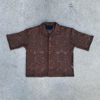 Custom Handwoven Embroidery Logo Boxy Retro Linen Lace Plaid Shirt Crochet Button up Fully Cut and Sew Polo Shirts for Men