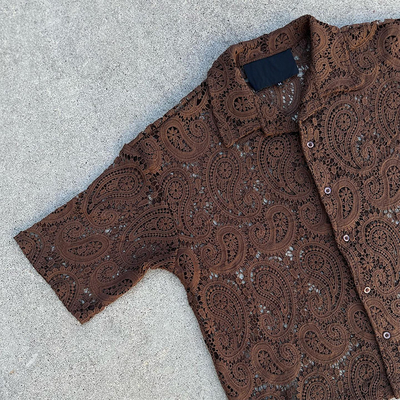 Custom Handwoven Embroidery Logo Boxy Retro Linen Lace Plaid Shirt Crochet Button up Fully Cut and Sew Polo Shirts for Men