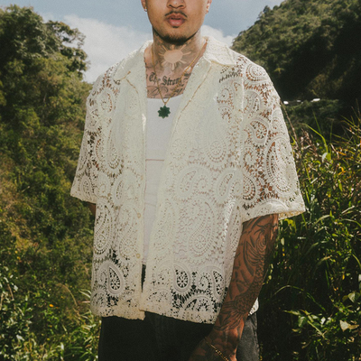 Custom Handwoven Embroidery Logo Boxy Retro Linen Lace Plaid Shirt Crochet Button up Fully Cut and Sew Polo Shirts for Men