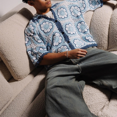 Custom Handwoven Embroidery Logo Boxy Retro Linen Lace Plaid Shirt Crochet Button up Fully Cut and Sew Polo Shirts for Men