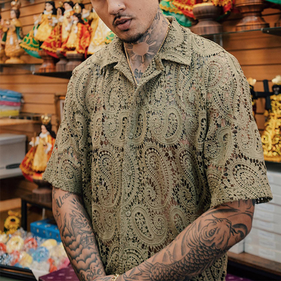 Custom Handwoven Embroidery Logo Boxy Retro Linen Lace Plaid Shirt Crochet Button up Fully Cut and Sew Polo Shirts for Men