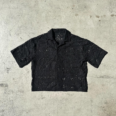 Custom Lace Embroidery Handwoven Logo Boxy Retro Linen Breathable Tshirt Plaid Shirt Crochet Button up Polo Shirts for Men