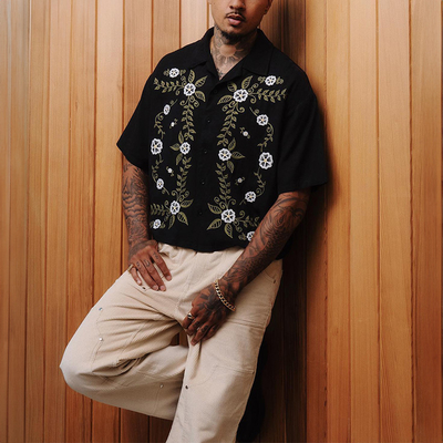 Custom Lace Embroidery Handwoven Logo Boxy Retro Linen Breathable Tshirt Plaid Shirt Crochet Button up Polo Shirts for Men