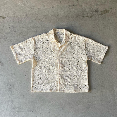 Custom Embroidery Logo Boxy Retro Linen Breathable Tshirt Plaid Shirt Crochet Button up Polo Shirts for Men