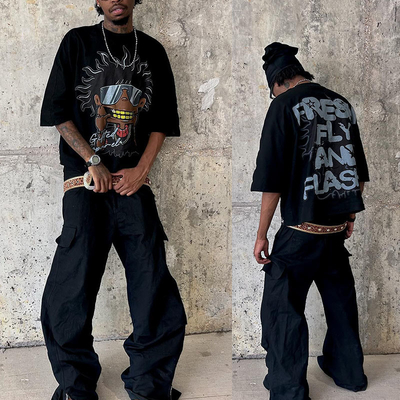 kaufen Custom-Ripped Screen Print Logo Boxed Cropped Halbärme Tee Baggy Tshirt Retro Streetwear Tshirt Übergrößeres T-Shirt für Männer Online-Herstellung