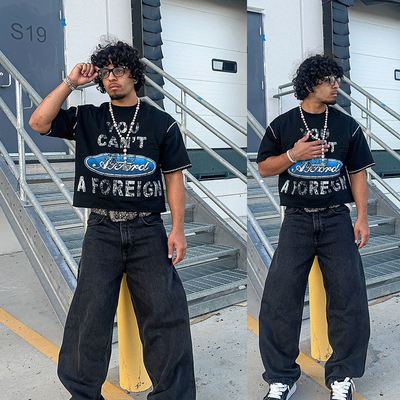 Custom Ripped Screen Print Logo Boxy Cropped Cut and Sew Reverse Embroidered Distress Tshirt Retro Tshirt t Shirts for Men