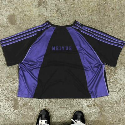 kaufen Custom Jersey Streetwear Graphische Vintage Sublimation Polyester amerikanischer Retro Fußball Farbblöcke Streifen Box Fit Herren T-Shirts Online-Herstellung