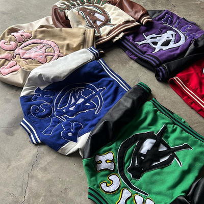 Chenille Embroidery Leather Sleeve Mens Bomber Varsity Jacket Breathable
