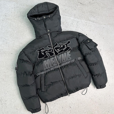 Custom Winter Cropped Down Coats Ultra Light Duck Goose Embroidery Chenille Padded Detachable Hat Bubble Puffer Jacket for Men