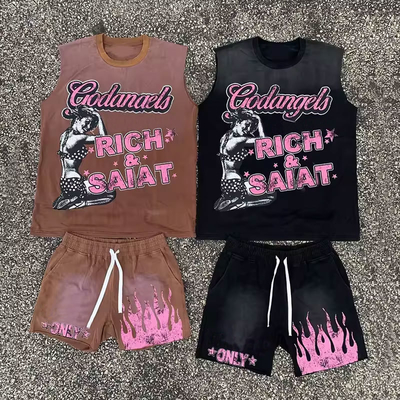 Hot Sale Streetwear Mens Short Sets Custom Logo Acid-Washed Vintage Oversized Tank Top and Shorts Two Piece Set