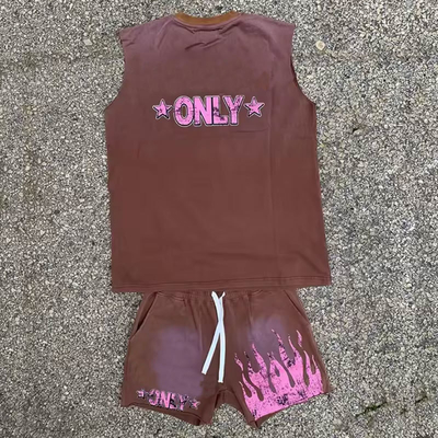 Hot Sale Streetwear Mens Short Sets Custom Logo Acid-Washed Vintage Oversized Tank Top and Shorts Two Piece Set