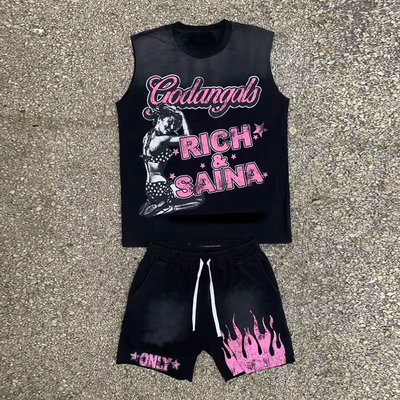 Hot Sale Streetwear Mens Short Sets Custom Logo Acid-Washed Vintage Oversized Tank Top and Shorts Two Piece Set