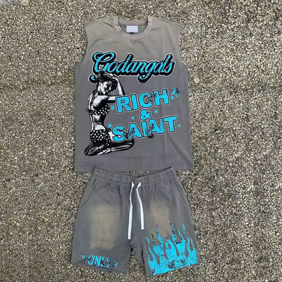 Hot Sale Streetwear Mens Short Sets Custom Logo Acid-Washed Vintage Oversized Tank Top and Shorts Two Piece Set