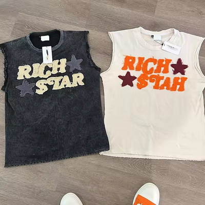 kaufen Custom Print Logo Applique Rips Tank Top Schnitt und Nähen Säure Waschen Ärmellos Fitness Gymnastik Muskel Blank Drop Armloch Weste T-Shirt Männer Online-Herstellung