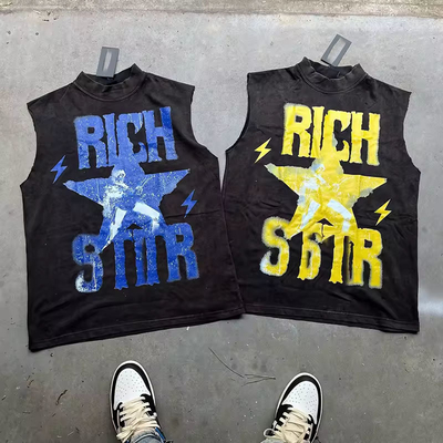 acheter Logo imprimé sur mesure Applique Rips T-shirt homme Vêtements de rue T-shirts sans manches Vêtements de gym fabrication en ligne