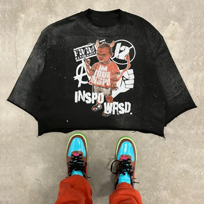 Mei Yue Customize Acid Wash Tshirt Raw Hem Tee Cotton Graphic Dtg Printed Drop Shoulder T-shirt Boxy Cropped T Shirt for Men