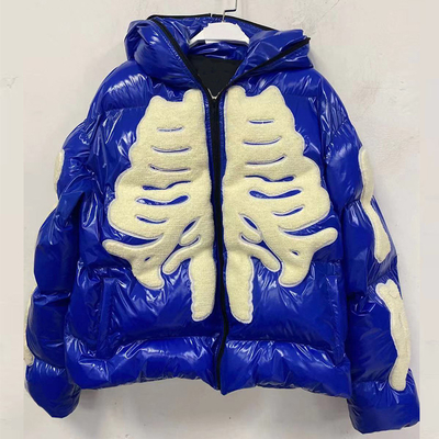 OEM Unisex Zip up Hoodie Custom Skeleton Chenille Embroidery Logo Puff Jacket Waterproof Windproof Bubble Full Zip up Jacket Men