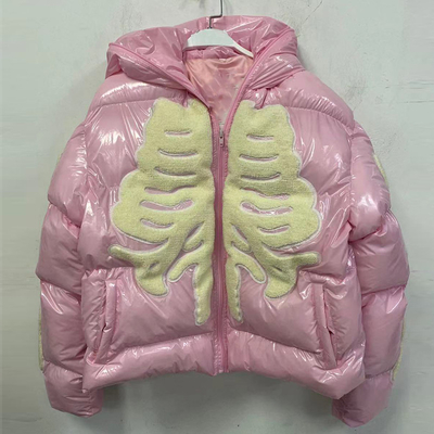 OEM Unisex Zip up Hoodie Custom Skeleton Chenille Embroidery Logo Puff Jacket Waterproof Windproof Bubble Full Zip up Jacket Men
