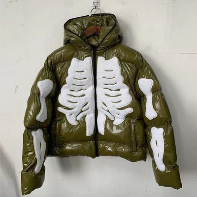 OEM Unisex Zip up Hoodie Custom Skeleton Chenille Embroidery Logo Puff Jacket Waterproof Windproof Bubble Full Zip up Jacket Men