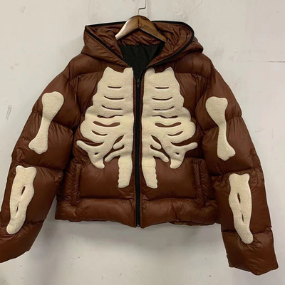 OEM Unisex Zip up Hoodie Custom Skeleton Chenille Embroidery Logo Puff Jacket Waterproof Windproof Bubble Full Zip up Jacket Men