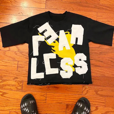 Applique Letter Embroidered Black Streetwear Graphic Tees Distressed Vintage T Shirt