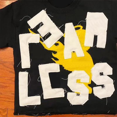 Applique Letter Embroidered Black Streetwear Graphic Tees Distressed Vintage T Shirt